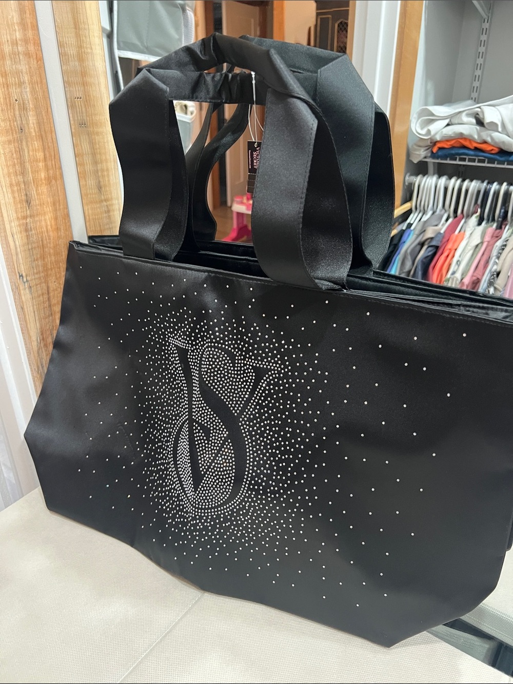 Victoria's Secret Black Rhinestone Monogram Satin Tote